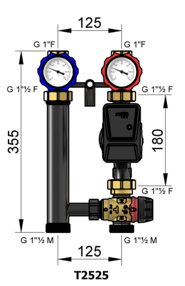 Disegno tecnico gruppo rilancio termostatico DN25 De Pala con misure e attacchi filettati