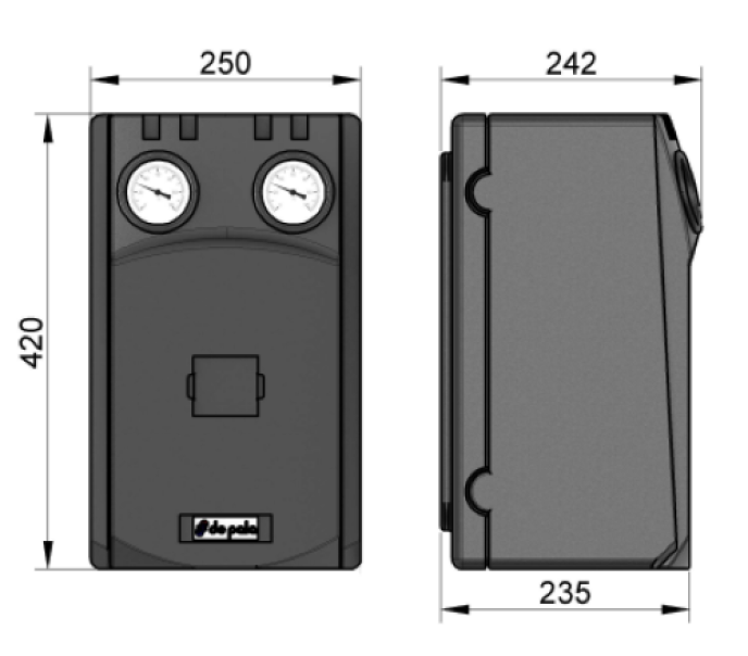 Custodia isolante gruppo rilancio termostatico DN25 De Pala vista frontale e laterale