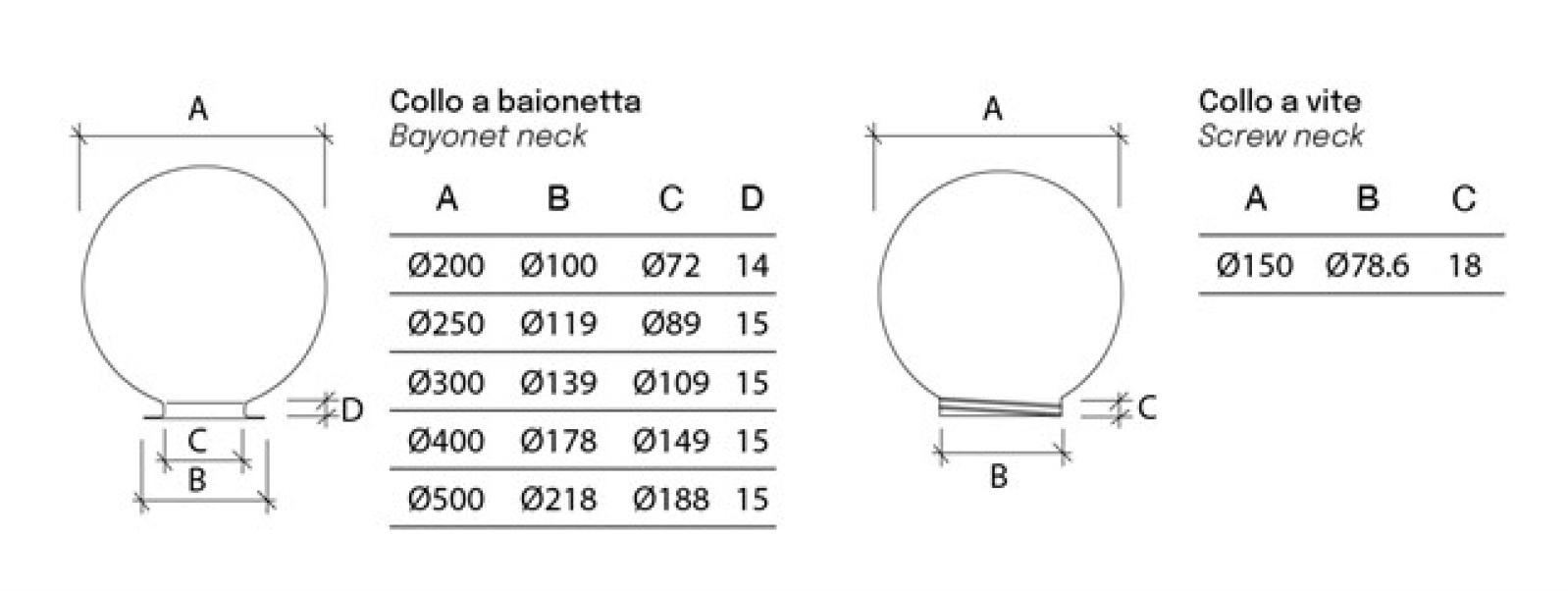 Disegni tecnici lampada globo LED E27 esterno 300mm Mareco Luce Schema tecnico misure lampada globo LED E27 300mm Mareco Luce base policarbonato