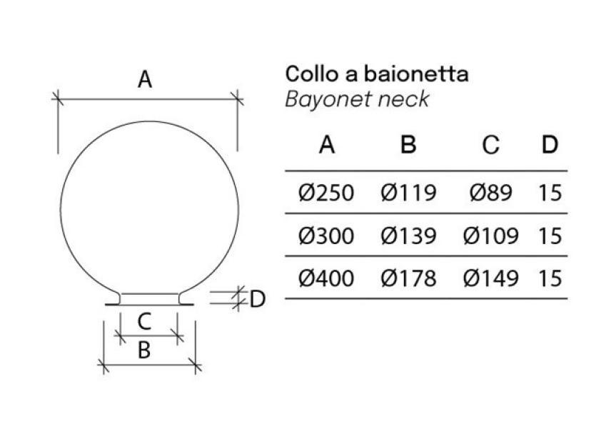 Disegno tecnico montaggio lampione sfera E27 semi verniciata Mareco Luce Schema tecnico lampione sfera colletto a baionetta Mareco Luce diametro 300 mm