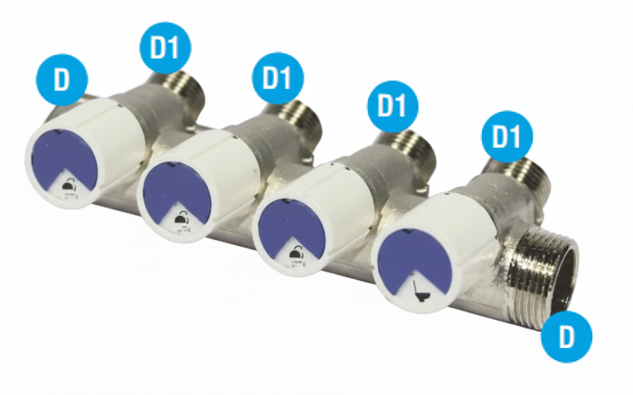 dettaglio collettore 4 vie per distribuzione acqua impianto termoidraulico