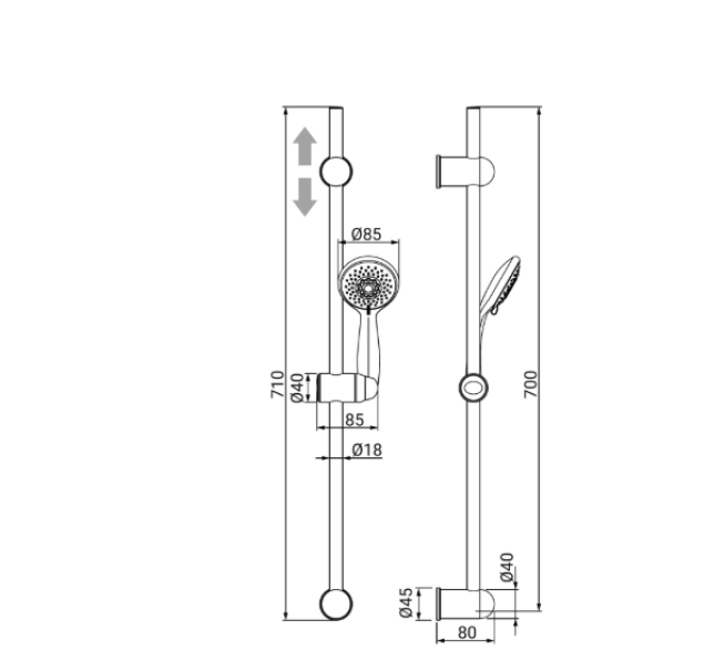 Disegno tecnico saliscendi doccia IDRO BRIC dimensioni installazione