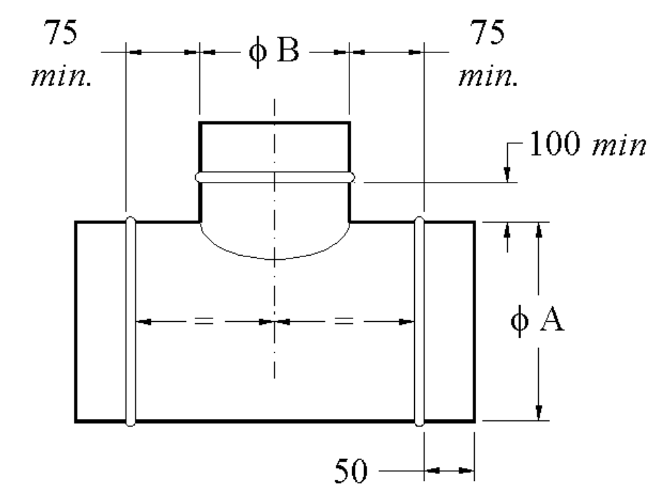 disegno tecnico derivazione a t acciaio zincato diametro 100 mm per canalizzazione aria steam vista tecnica raccordo a t in acciaio zincato diametro 100 mm steam