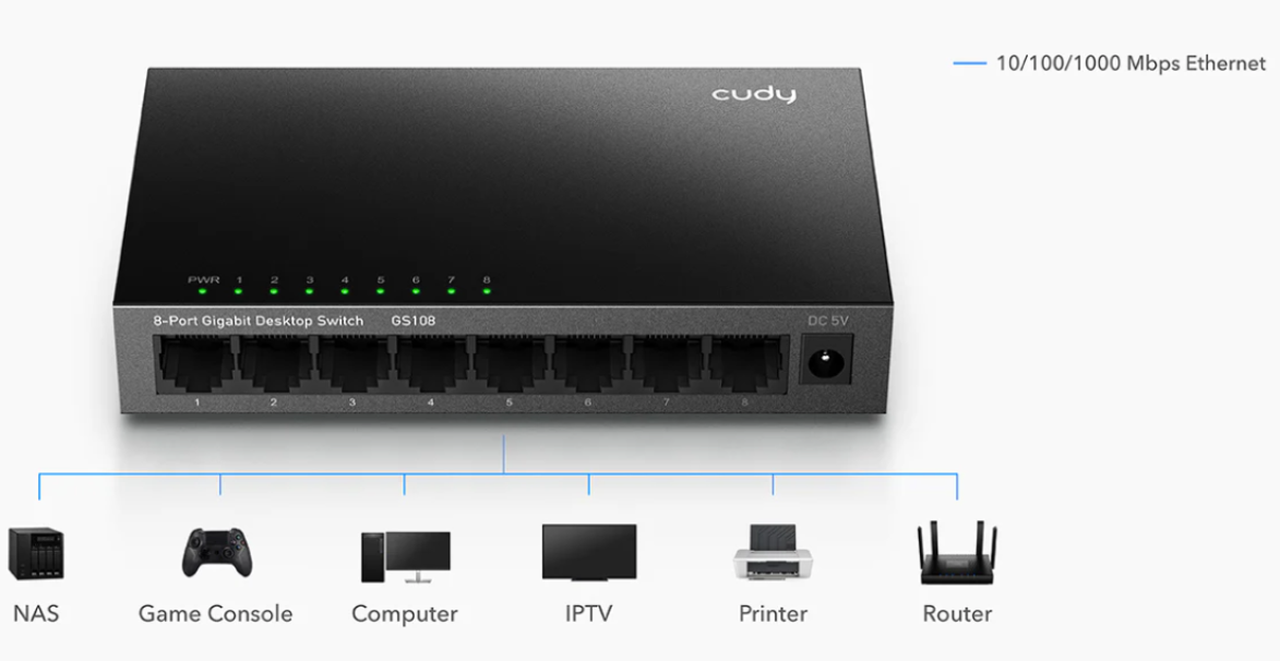 switch 8 porte gigabit compatibile con computer stampanti router e nas