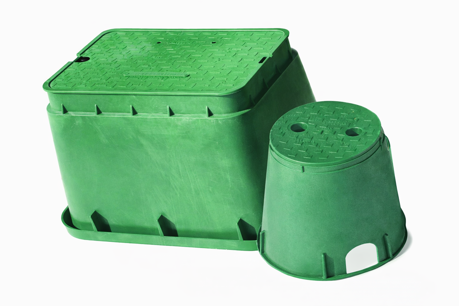 Pozzetto rettangolare verde in polietilene alta densitu00e0 per impianti irrigui con coperchio rinforzato