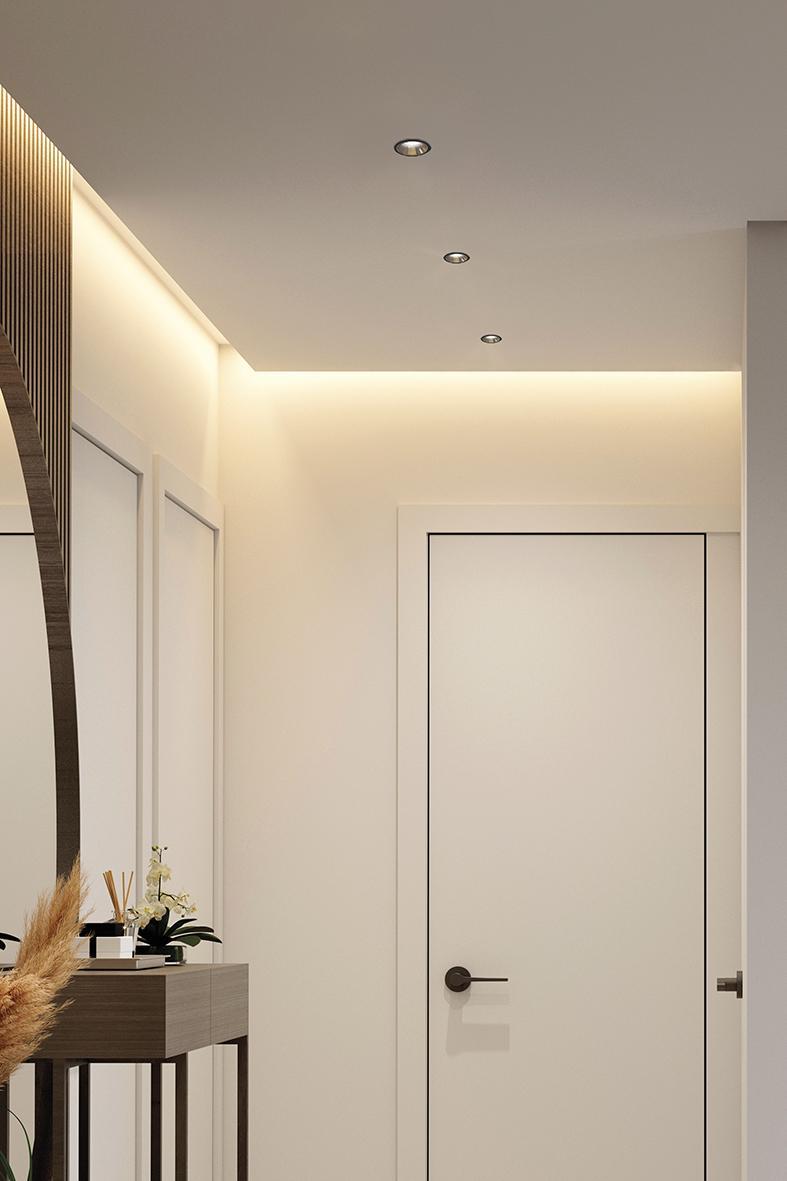 esempio installazione faretto downlight tondo incasso soffitto nero LED rossini illuminazione su ambiente moderno