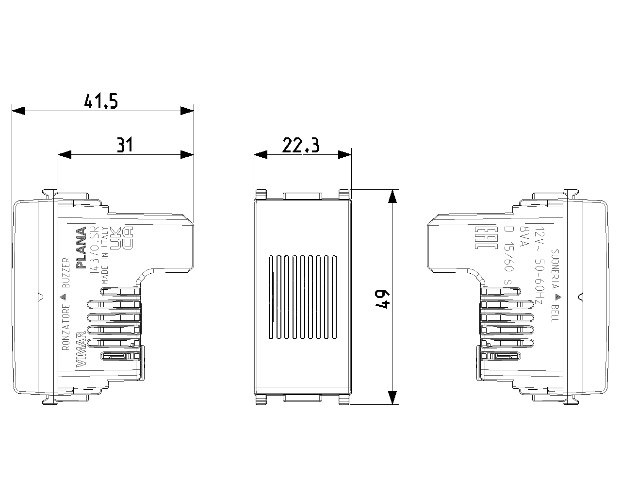 disegno tecnico ingombri suoneria ronzatore bianco 12v vimar per scatola incasso
