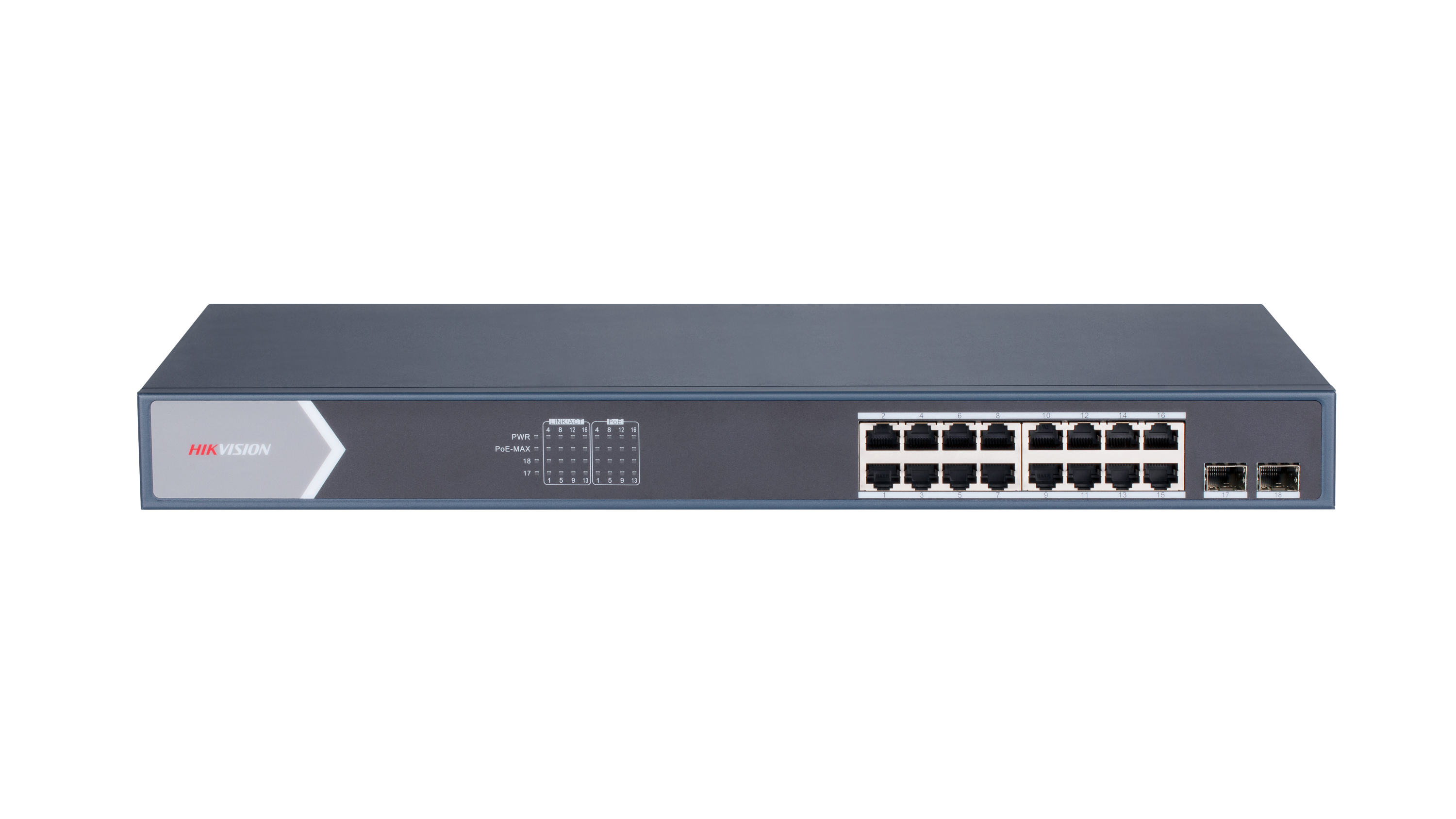 switch gigabit 16 porte poe hikvision smart managed vista frontale con porte di rete
