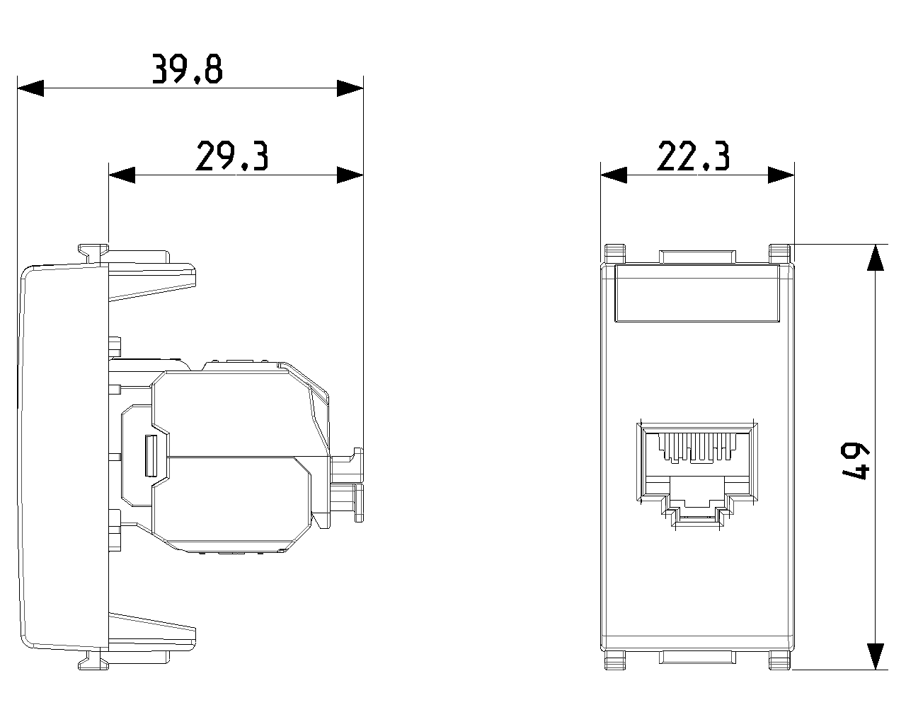 disegno tecnico dimensioni presa RJ45 Cat6 UTP Vimar bianca