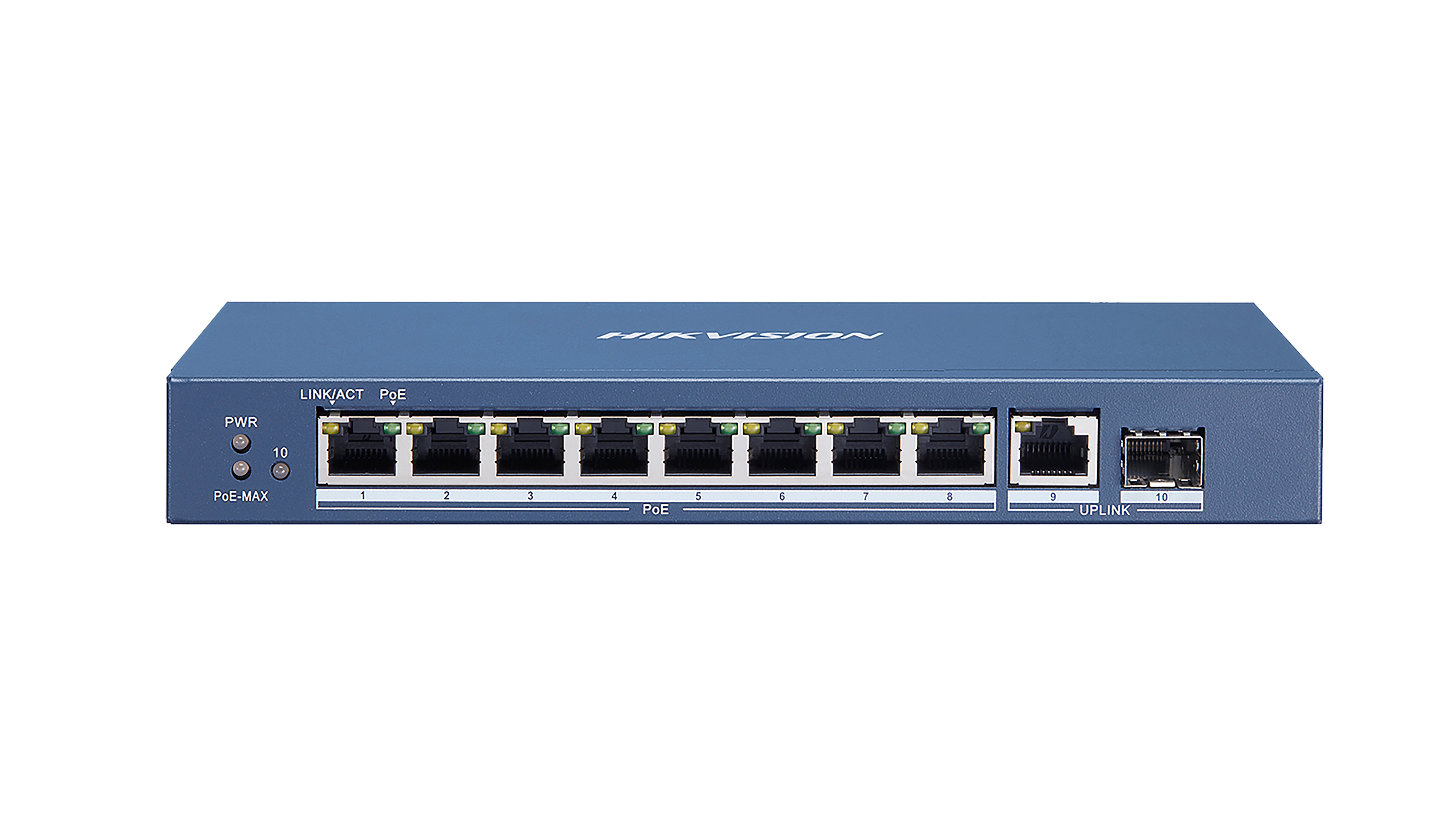 Vista frontale switch di rete Gigabit PoE 8 porte Hikvision modello DS-3E0510P-E