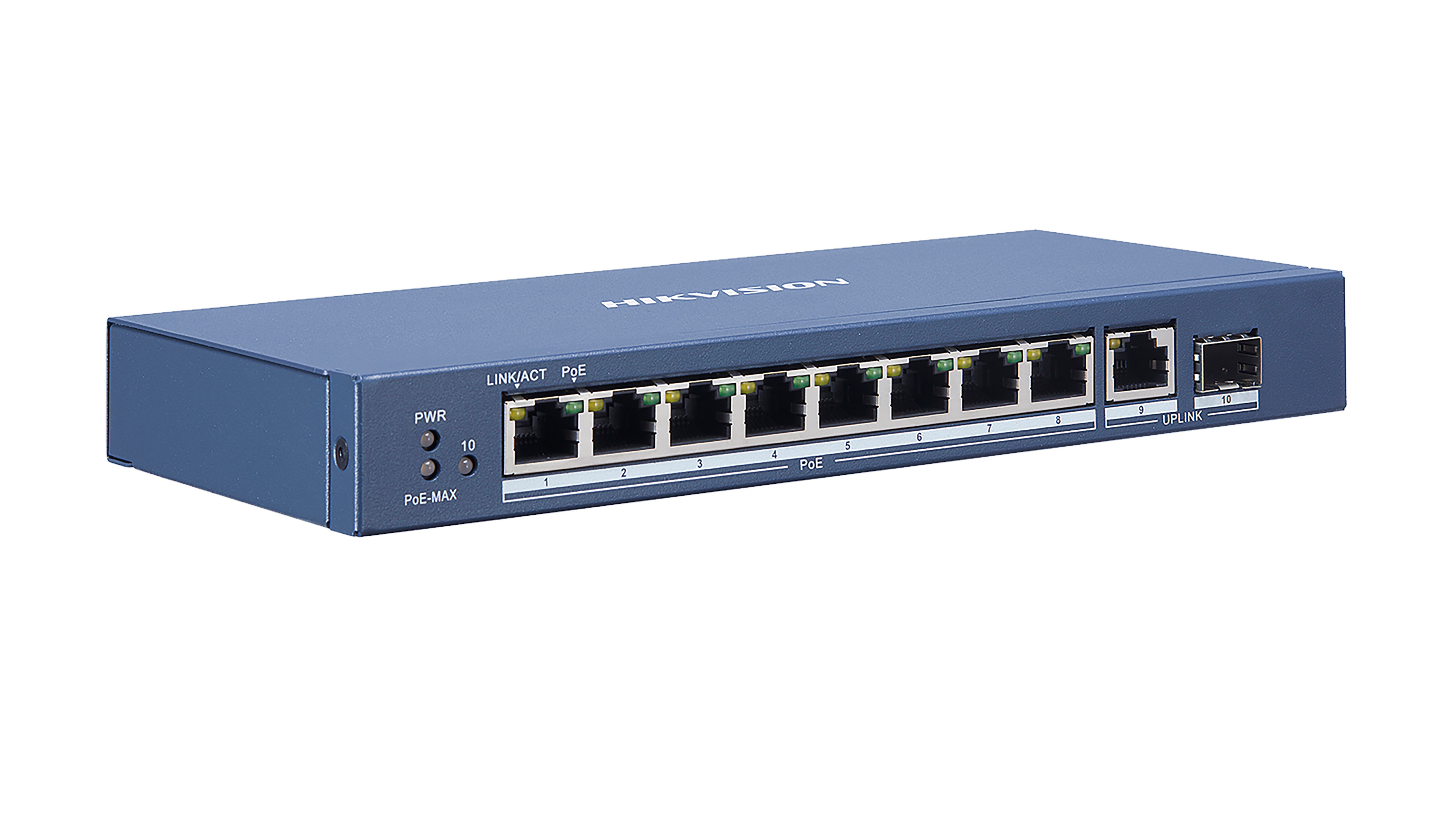Vista angolata switch Hikvision 8 porte PoE modello DS-3E0510P-E per videosorveglianza