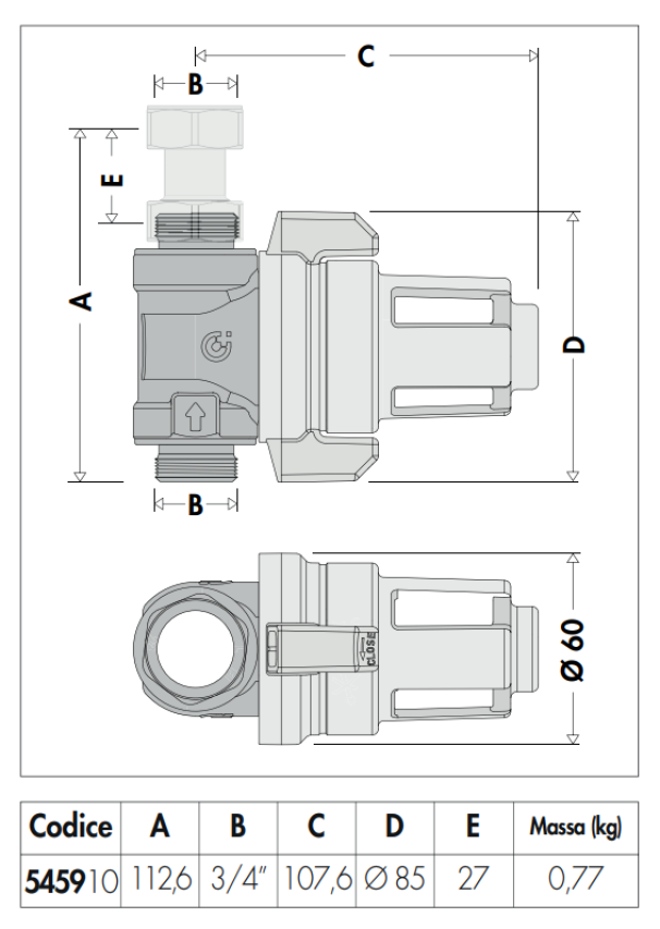 Filtro defangatore magnetico Caleffi XS vista laterale con raccordo filettato in linea per caldaia