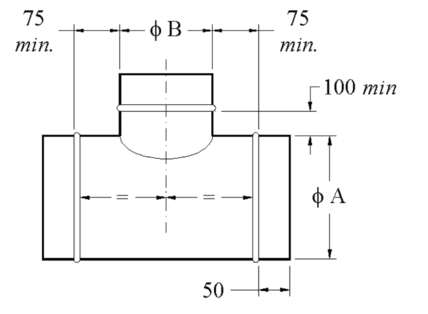 disegno tecnico derivazione t 90 gradi acciaio zincato diametro 300 mm schema tecnico raccordo a t 90 gradi acciaio zincato diametro 300 mm con misure per impianti distribuzione aria