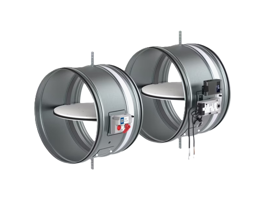 serranda tagliafuoco circolare systemair FDR 3G 450 H2 con attuatore manuale e motorizzato su sfondo bianco per impianti di ventilazione