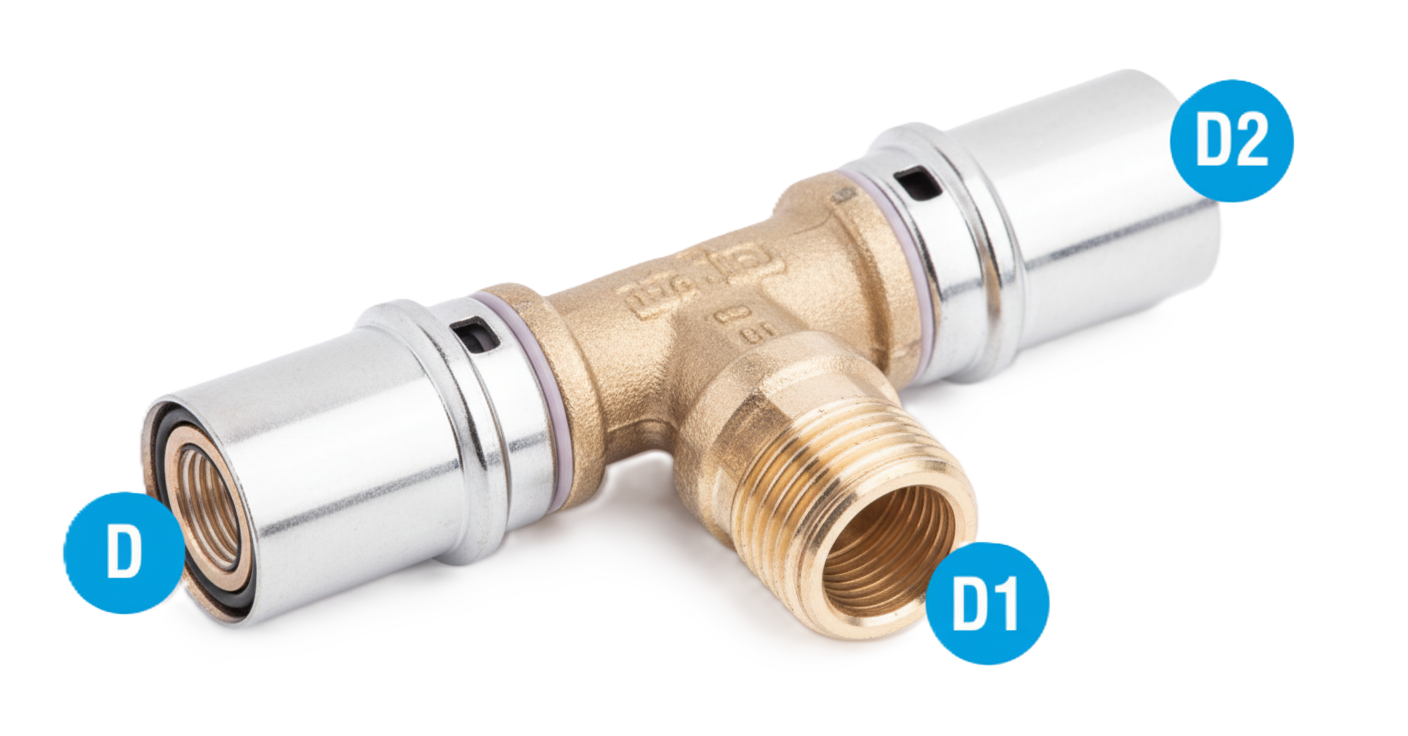 Dettaglio raccordo idraulico a T con filetto maschio pressfitting Bampi