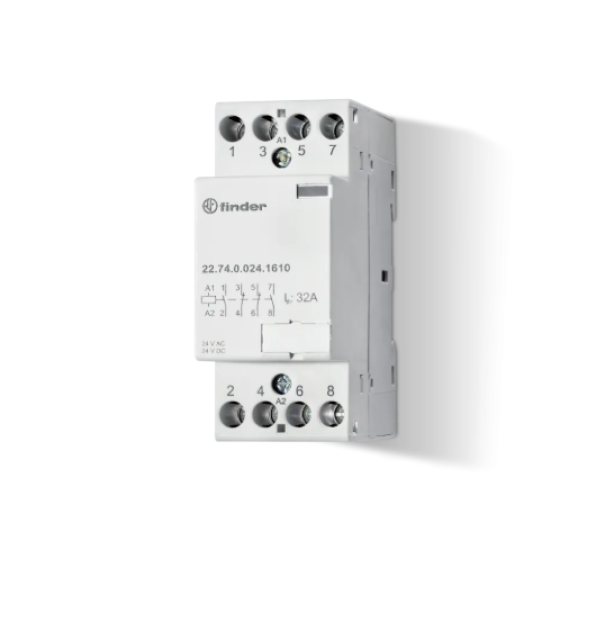 Contattore modulare Finder 32A 4 contatti per barra DIN vista frontale