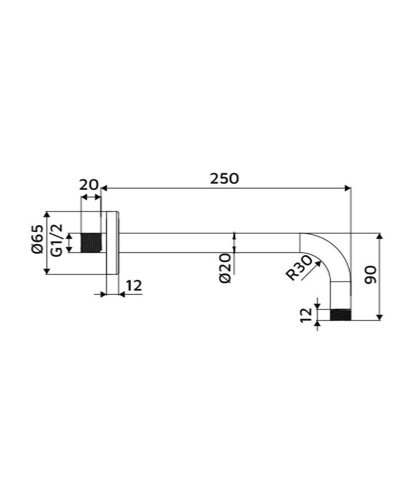 Braccio doccia a parete curvo cromato da 30 cm IDRO-BRIC vista laterale installazione soffione bagno