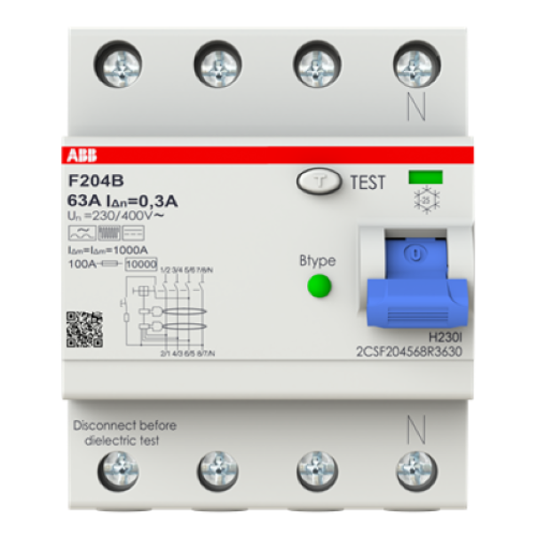interruttore differenziale puro abb 4 poli 63a 300ma tipo b vista frontale