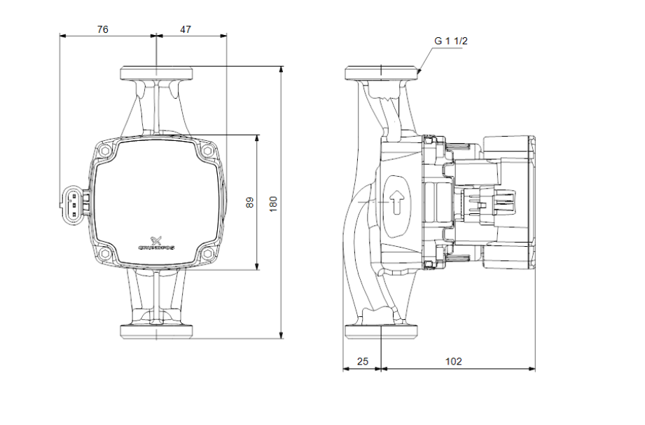 Disegno tecnico quota pompa di circolazione Grundfos Alpha1 Go 25-40 180