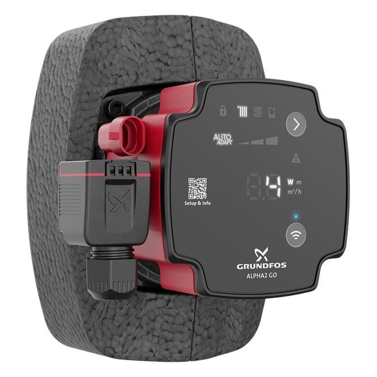 circolatore elettronico grundfos alpha2 go dettaglio connessioni laterali regolazione e isolamento termico