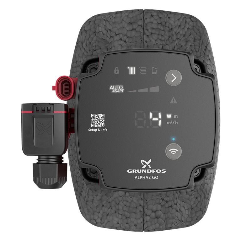 dettaglio cruscotto circolatore elettronico Grundfos ALPHA2 GO 32-60 180 con isolamento in EPS