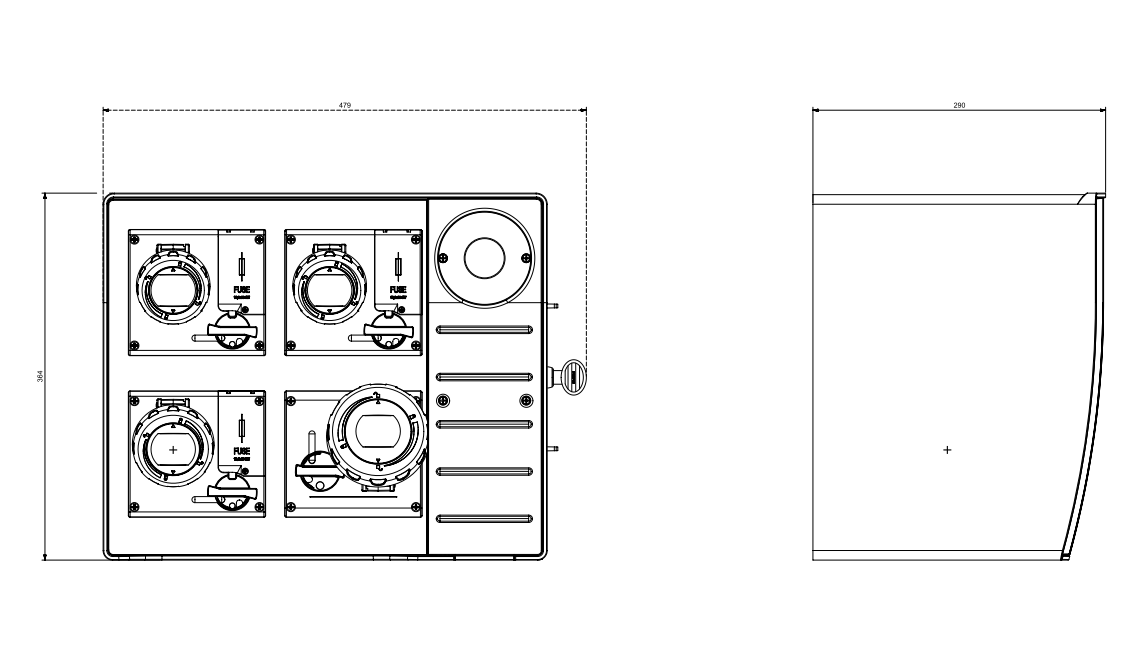 disegno tecnico scame mbox2 ip65 con prese e pulsante emergenza