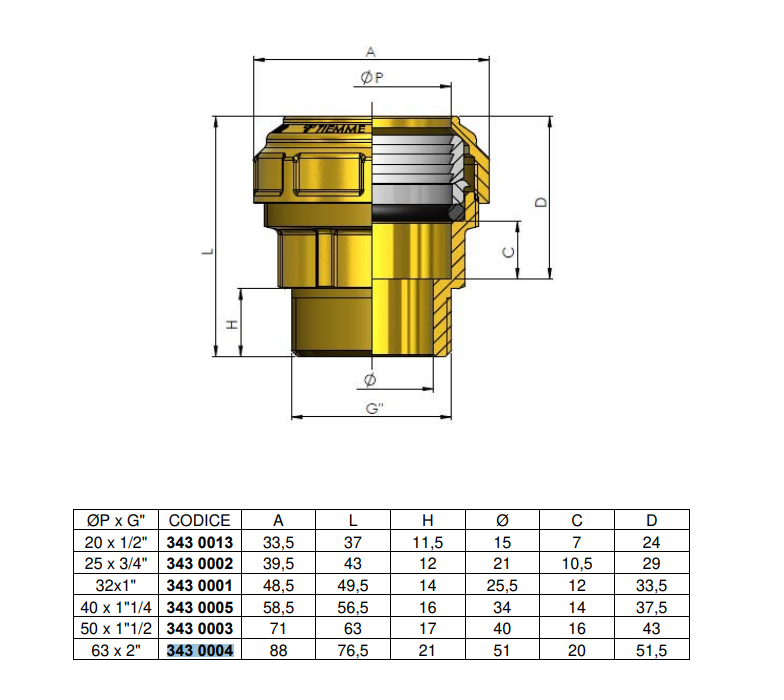 disegno tecnico raccordo maschio a compressione ogiva acetalica tiemme dimensioni dettagliate modello 3430004