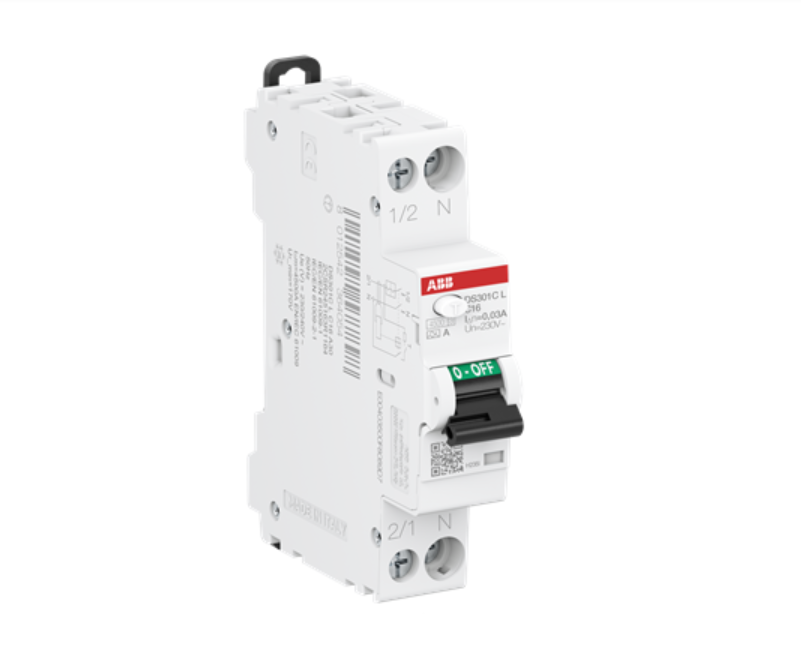 interruttore magnetotermico differenziale abb ds301c l c6 a30 vista angolare con morsetti a vite e leva comando