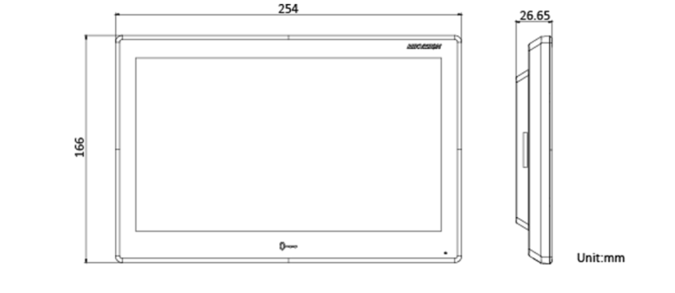 vista dimensionale del monitor supervisore IP touch HIKVISION con misure in millimetri