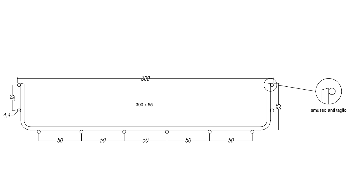 vista tecnica passerella filo 300x55 mm sati italia con smusso anti taglio