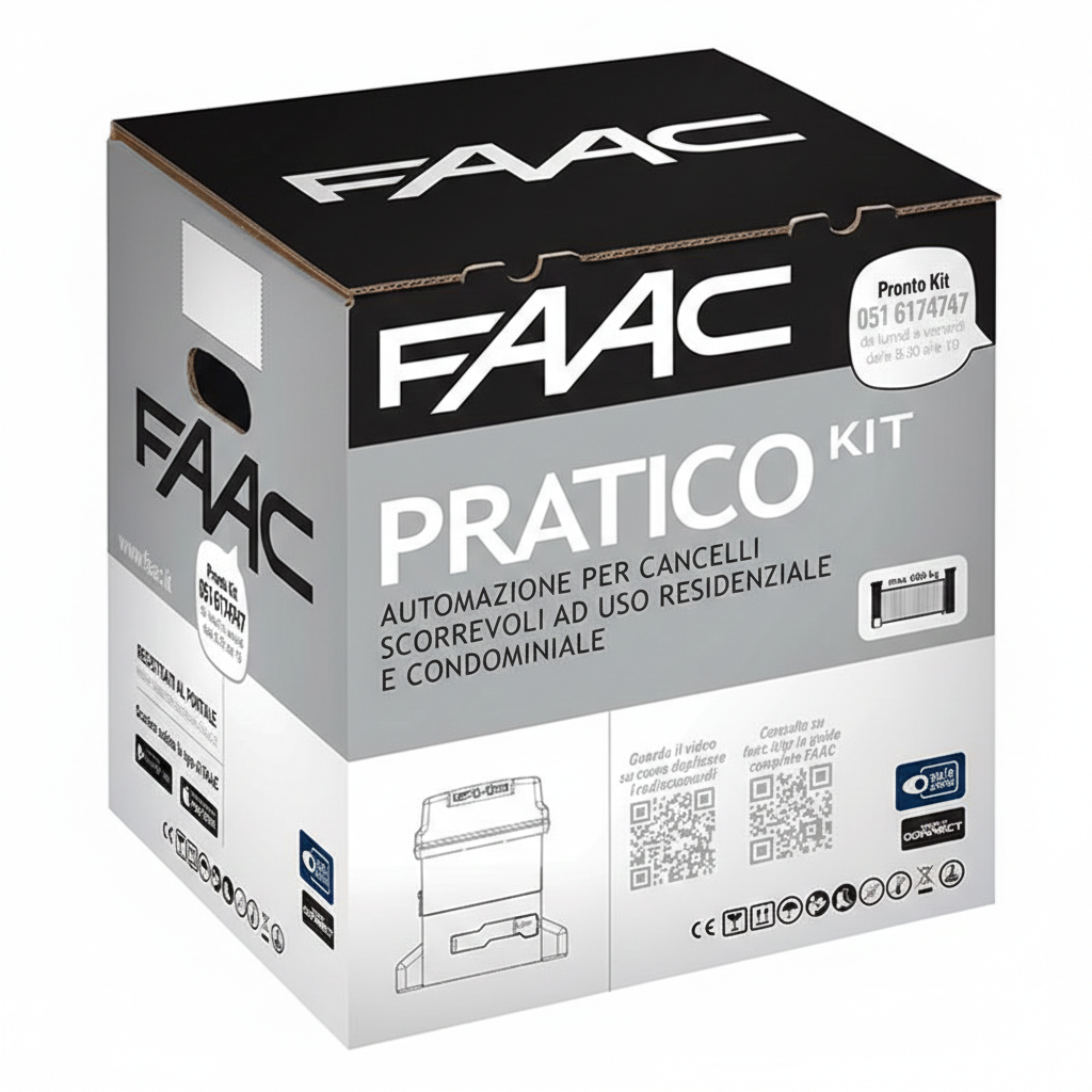 dettaglio componenti kit automazione cancelli FAAC per ante scorrevoli 230V