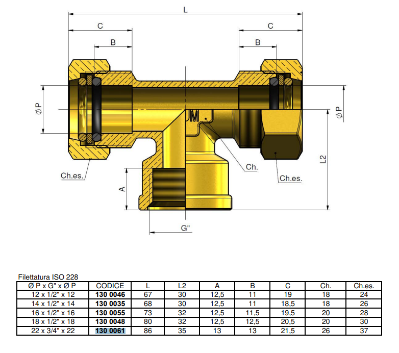scheda dimensionale raccordo a t a compressione ottone per tubo rame 22 mm tiemme