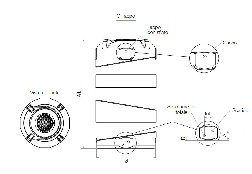 disegno tecnico serbatoio verticale polietilene da 500 litri Rototec dettagli attacchi e misure