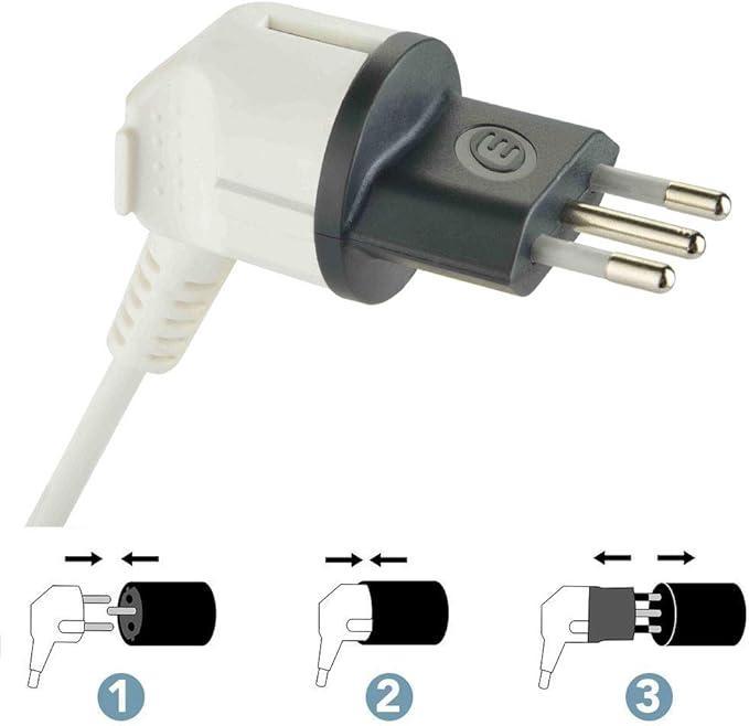 Adattatore Schuko italiana 10A Electraline applicato su spina europea con istruzioni di utilizzo