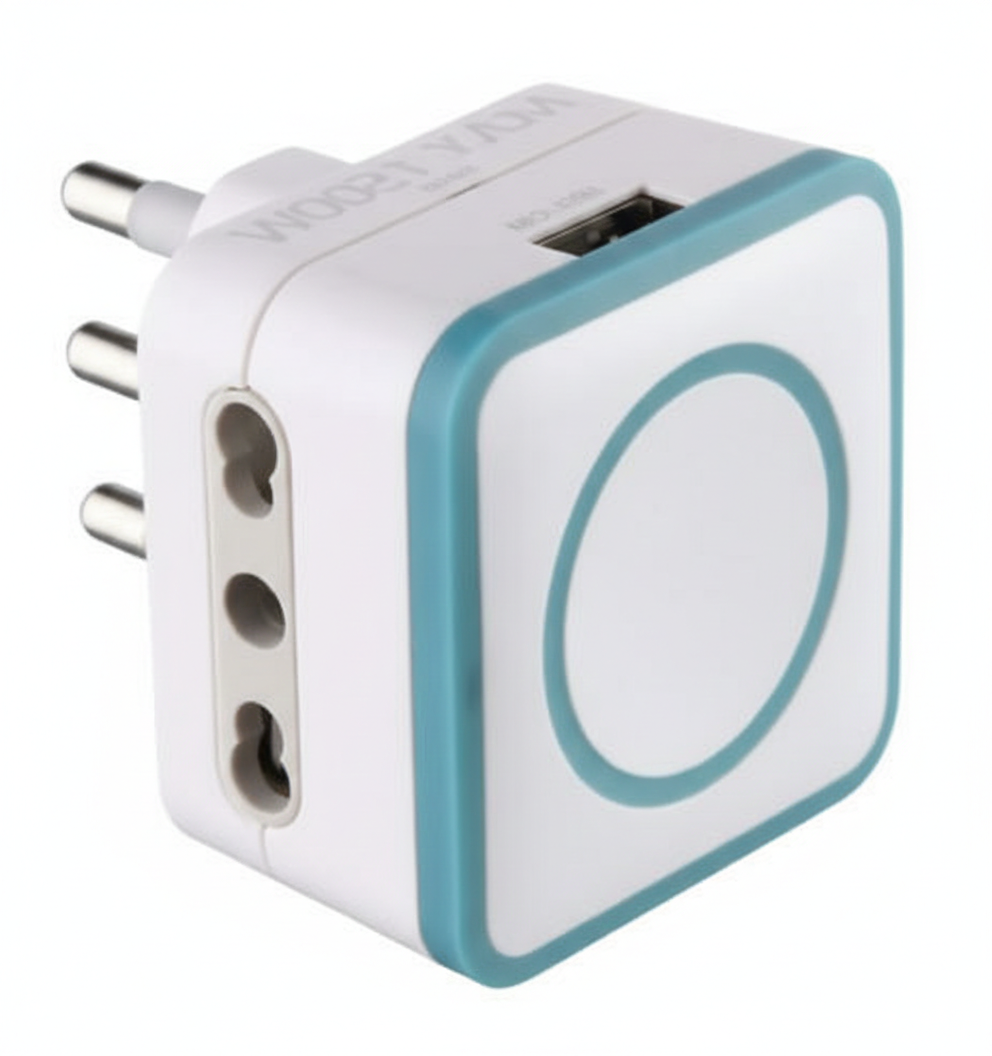 adattatore presa 16a usb compatto blu vista laterale