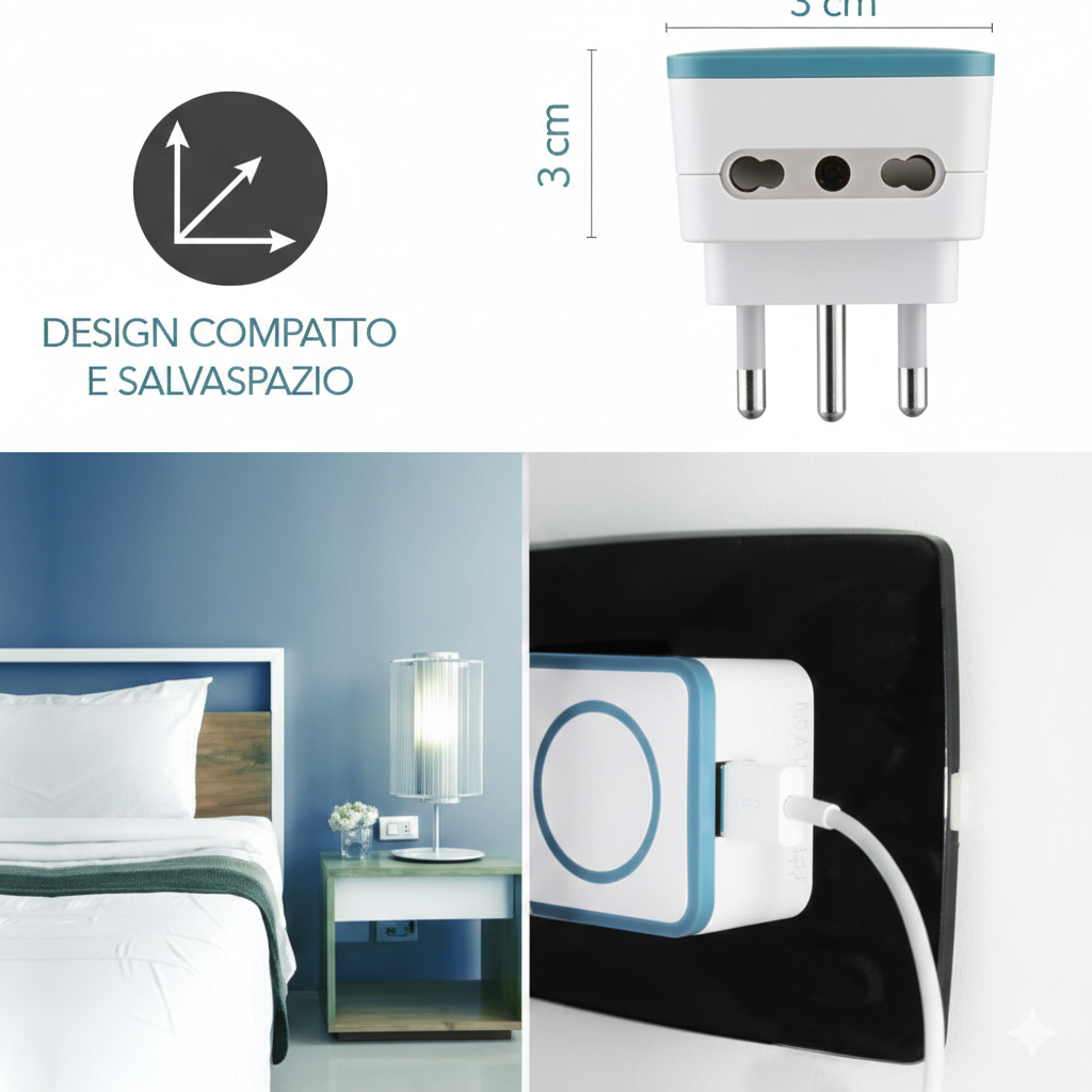 adattatore usb blu in uso su presa vicino comodino