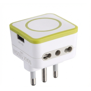 Adattatore triplo gummy 2 prese bivalenti 10 16a usb 1.2a verde  72086