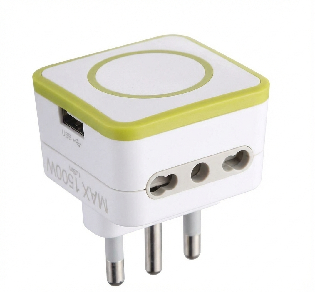 adattatore elettrico 16a con porta usb verde electraline vista laterale