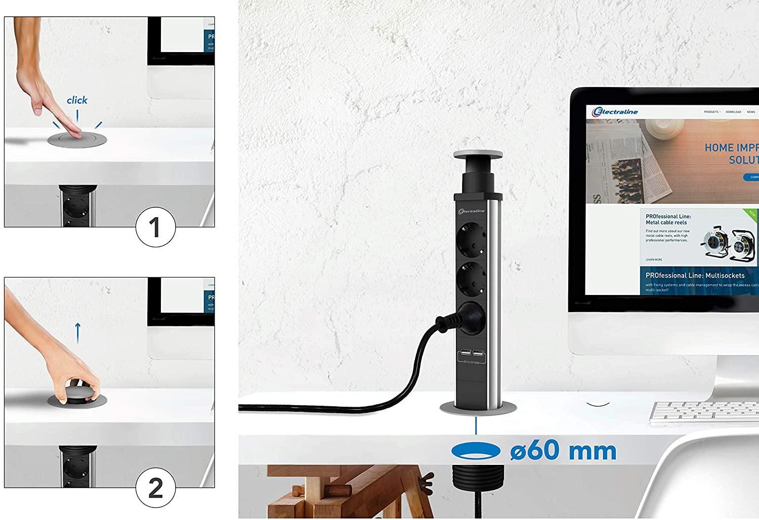 multipresa tower da scrivania incasso 3 prese 2 usb electraline 60 mm