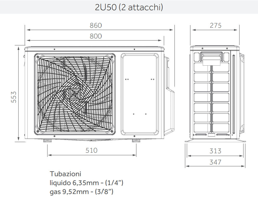 Disegni tecnici unitu00e0 esterna Haier dual split 860x553x275 mm attacchi 1/4 3/8