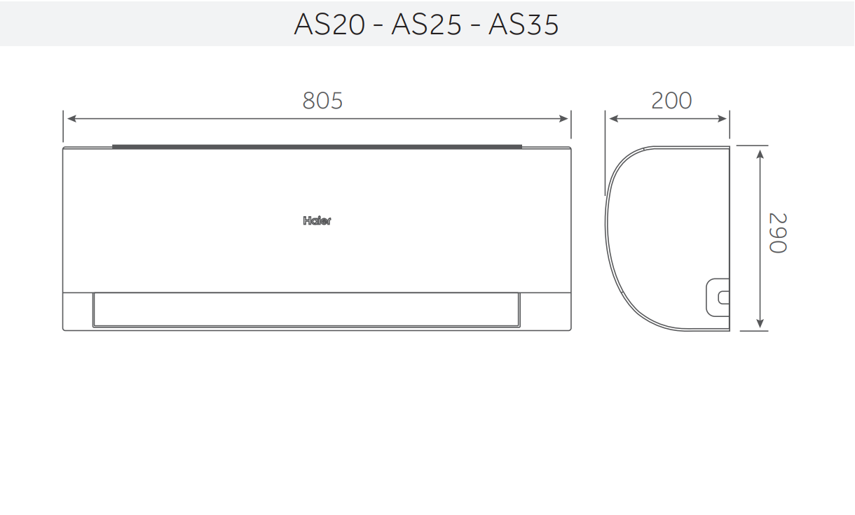 disegno tecnico dimensioni unitu00e0 interna Haier Pearl AS25 AS35 con misure in centimetri
