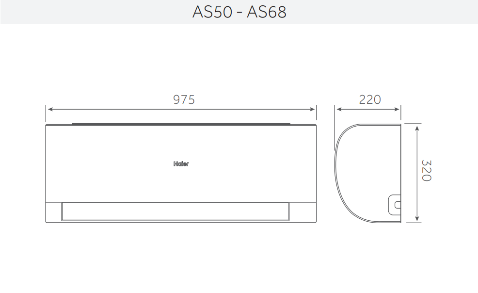 Dimensioni dettagliate unitu00e0 interna condizionatore Haier Pearl AS50 AS68 bianchi