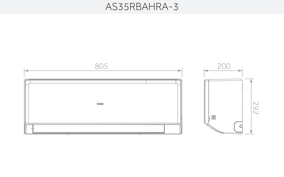Dimensioni dettagliate unitu00e0 interna climatizzatore Haier 805x200x292 mm