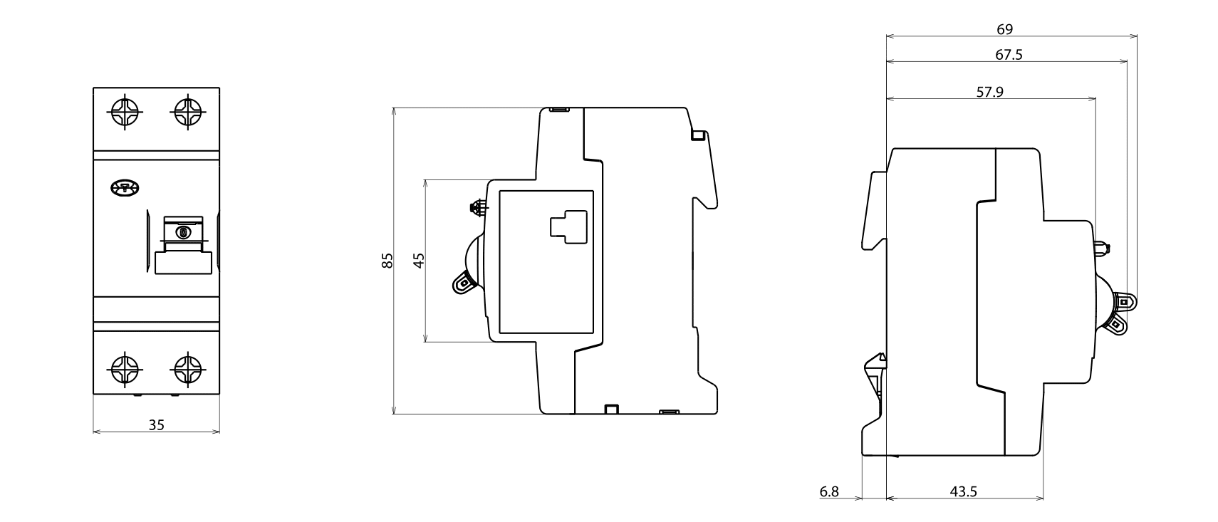 disegno tecnico interruttore differenziale aeg dcg240 30 dimensioni frontale lato superiore e laterale
