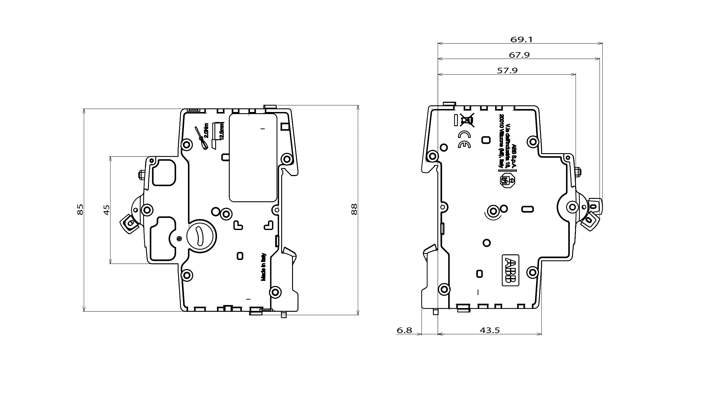 Disegno tecnico interruttore magnetotermico differenziale AEG 25A 1N dimensioni