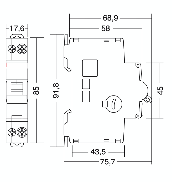 disegno tecnico dimensionale interruttore automatico aeg 1pn 16a curva c