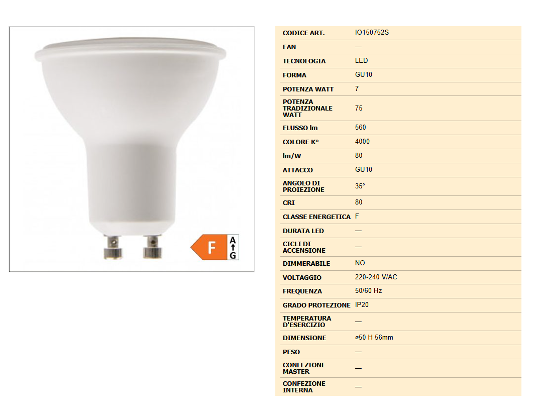 Lampadina LED GU10 7W 4000K 560 lumen MC Elettrici attacco GU10 classe F vista frontale