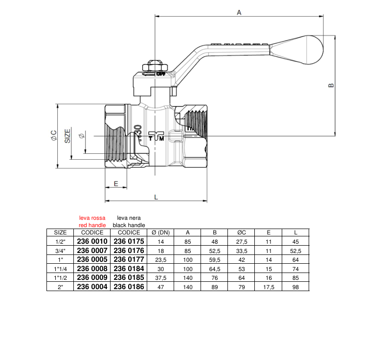 disegno tecnico valvola a sfera femmina femmina 1 pollice tiemme con misure e leva rossa