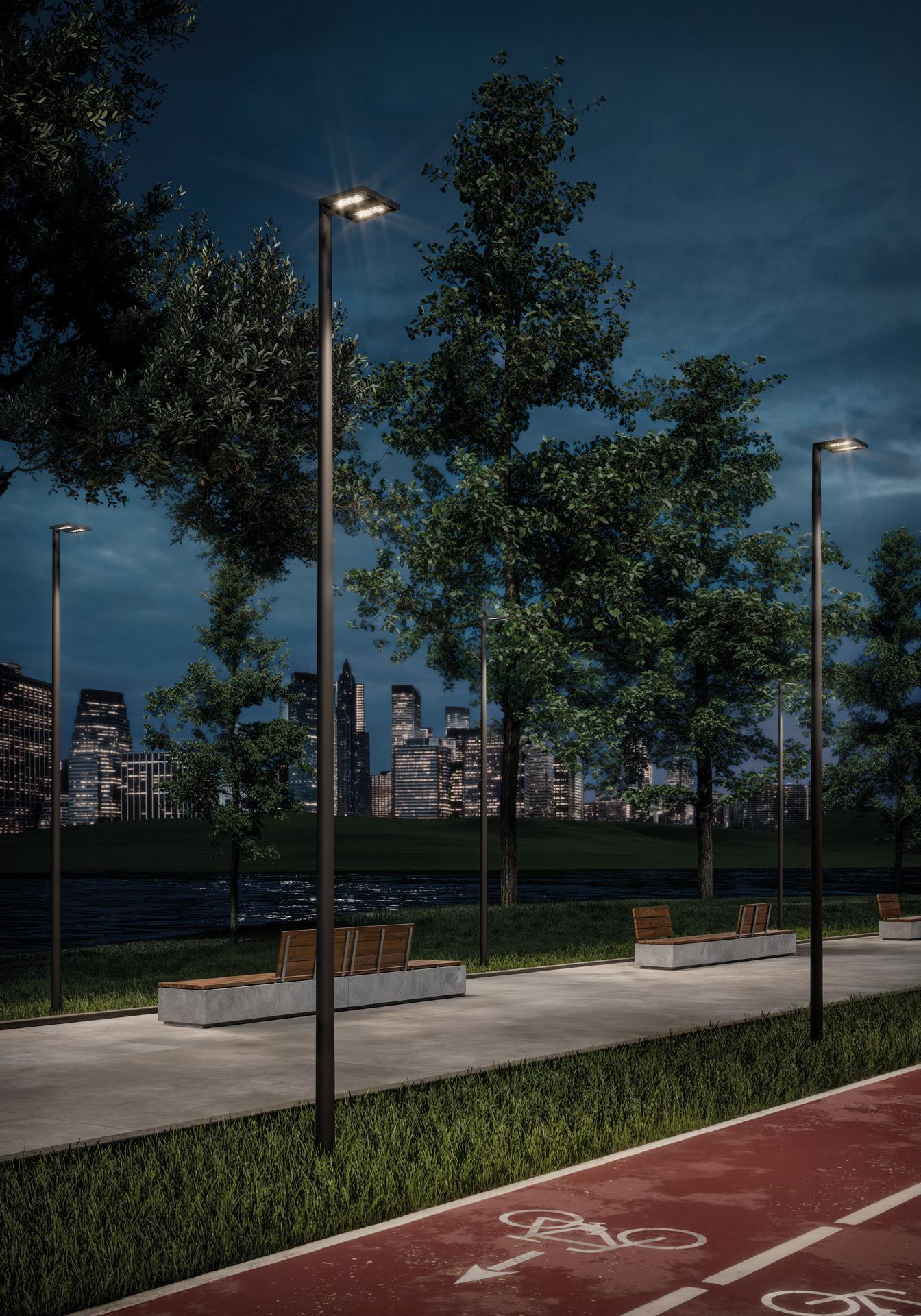 Lampioni LED Lombardo pista ciclabile urbano Serie di lampioni LED Lombardo installati lungo una pista ciclabile cittadina