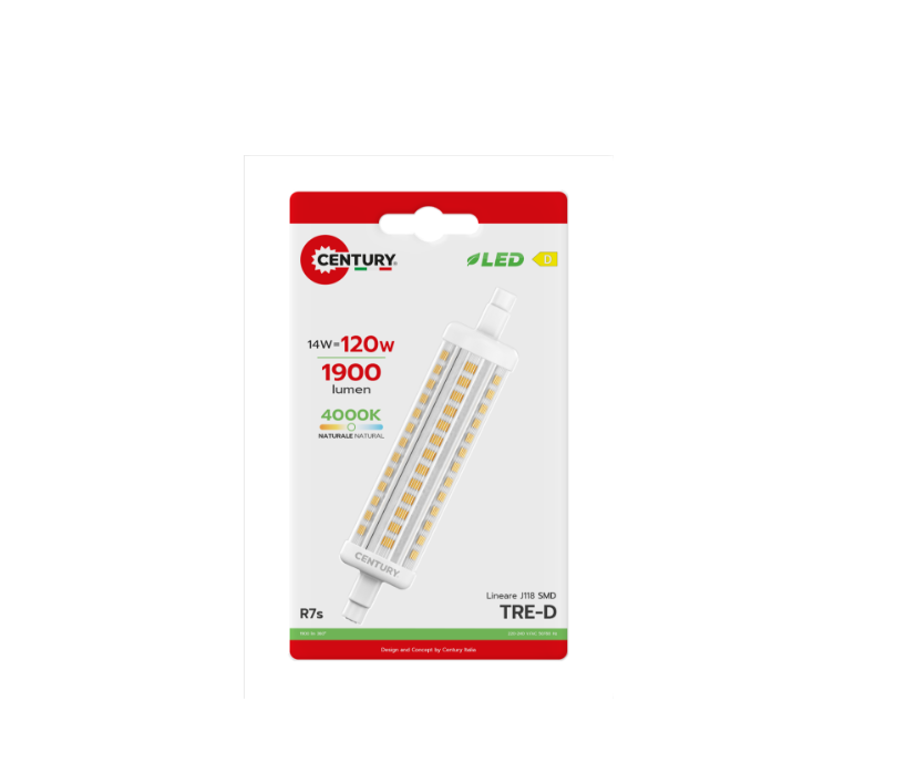 Lampada LED lineare R7S 14W 118mm 4000K Century vista frontale